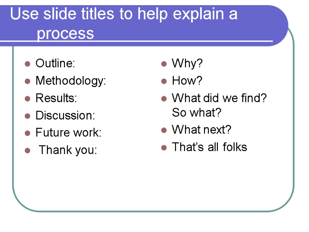 Use slide titles to help explain a process Outline: Methodology: Results: Discussion: Future work: